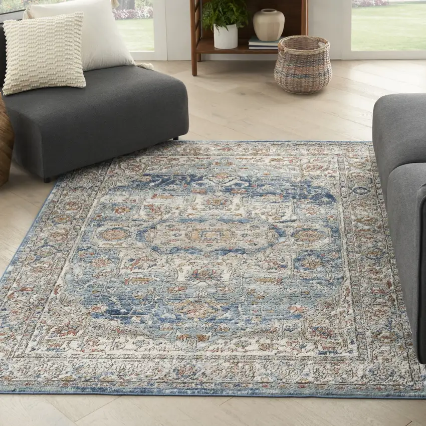 Ivory And Blue Oriental Power Loom Non Skid Area Rug Photo 5