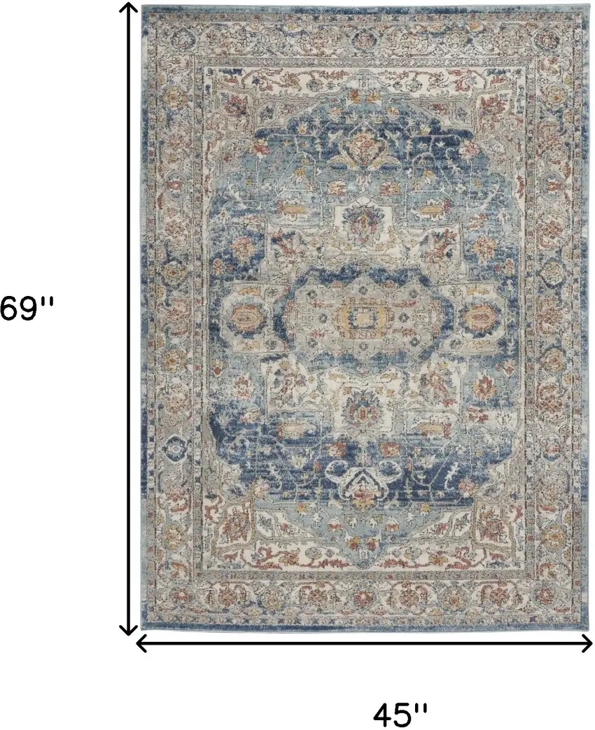 Ivory And Blue Oriental Power Loom Non Skid Area Rug Photo 5
