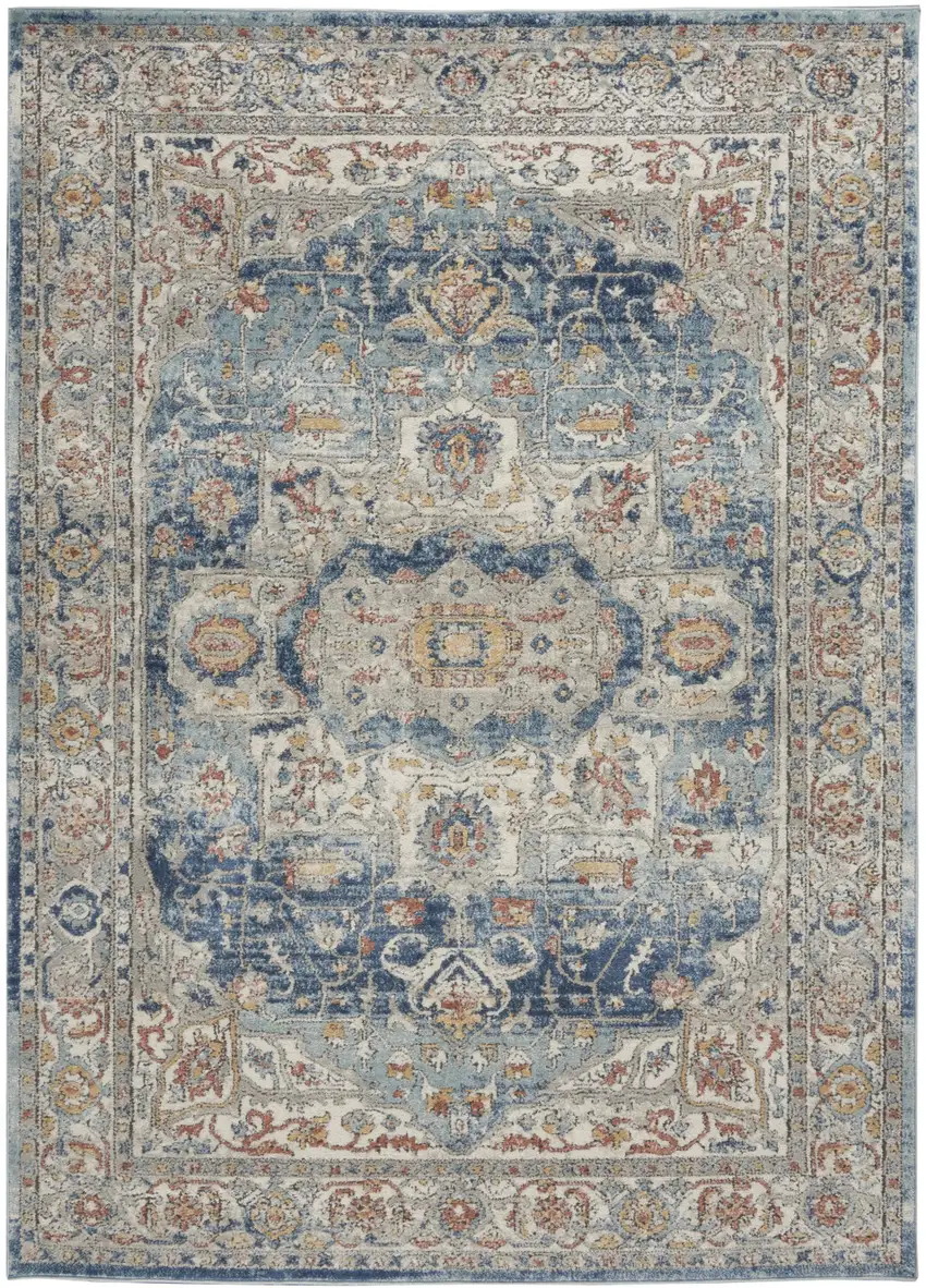 Ivory And Blue Oriental Power Loom Non Skid Area Rug Photo 3