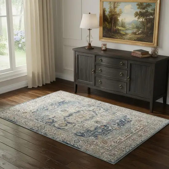 Ivory And Blue Oriental Power Loom Non Skid Area Rug Photo 1