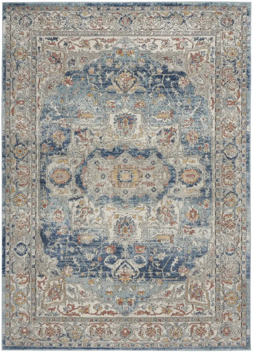 Ivory And Blue Oriental Power Loom Non Skid Area Rug Photo 1