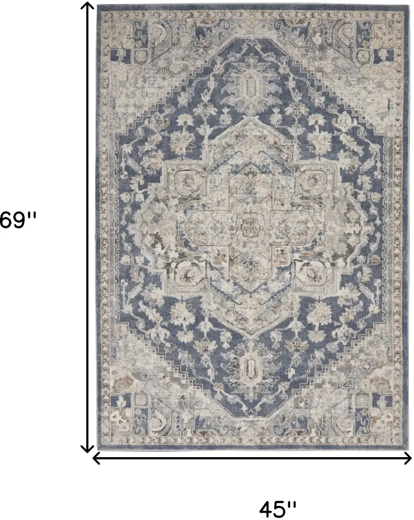 Ivory And Blue Oriental Power Loom Non Skid Area Rug Photo 5