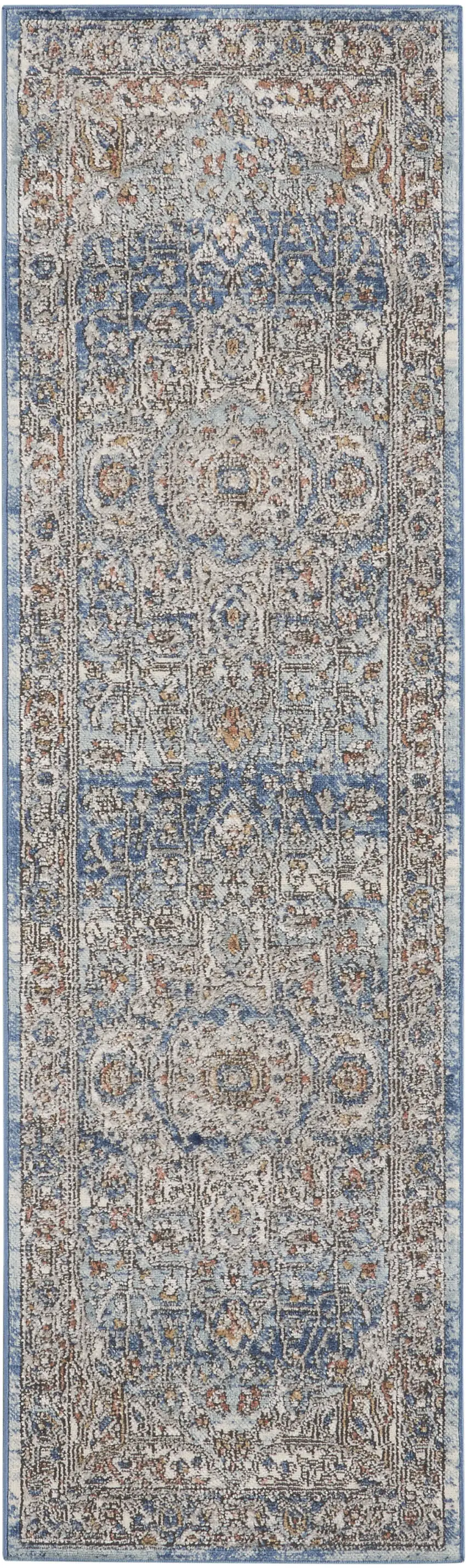 2' X 8' Ivory And Blue Oriental Power Loom Non Skid Runner Rug Photo 2