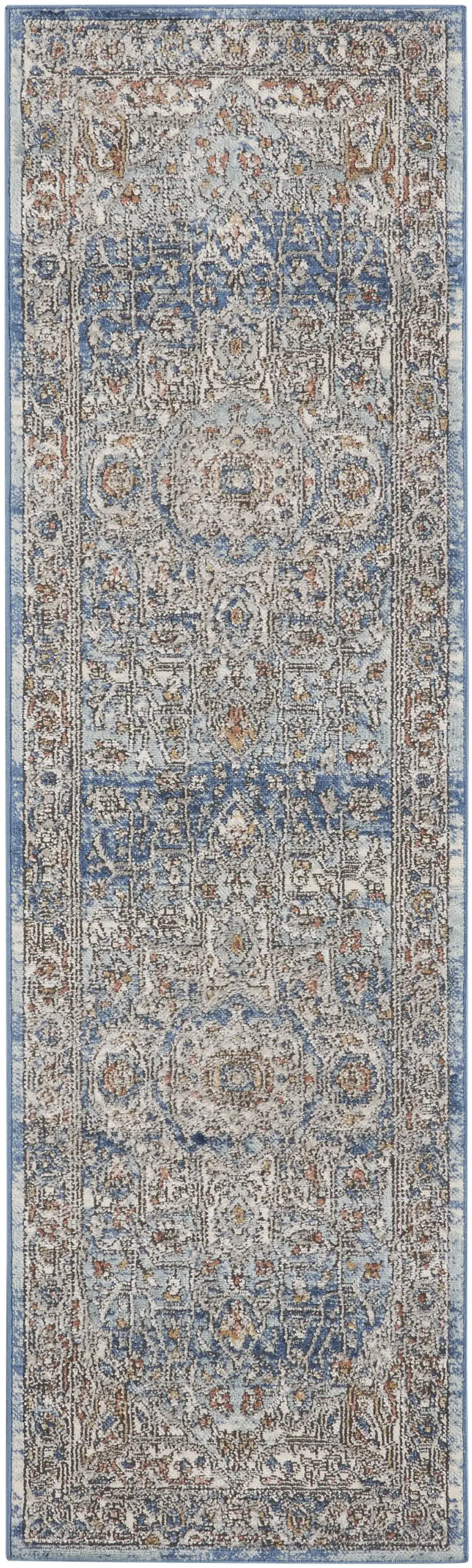 2' X 8' Ivory And Blue Oriental Power Loom Non Skid Runner Rug Photo 2