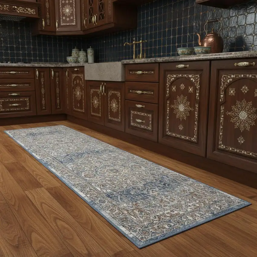 2' X 8' Ivory And Blue Oriental Power Loom Non Skid Runner Rug Photo 1