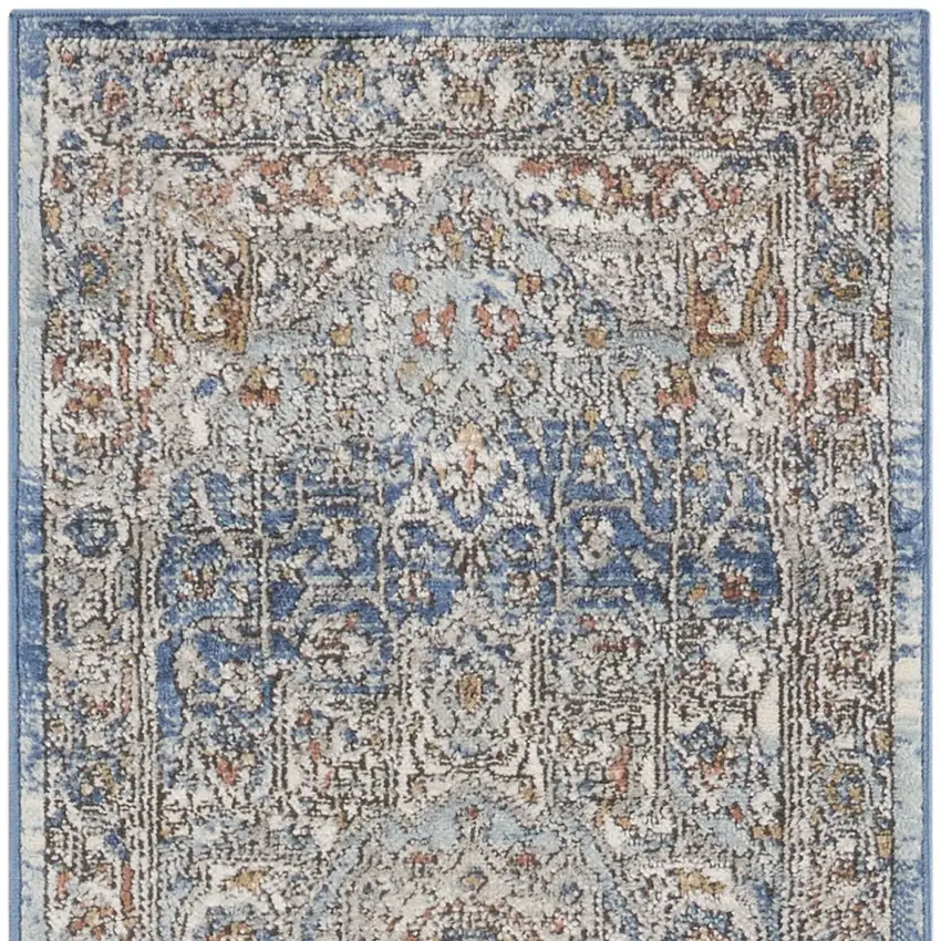 Ivory And Blue Oriental Power Loom Non Skid Runner Rug Photo 4