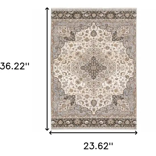 Ivory And Blue Oriental Power Loom Stain Resistant Area Rug With Fringe Photo 3