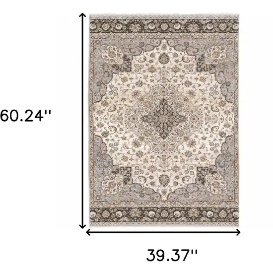 Ivory And Blue Oriental Power Loom Stain Resistant Area Rug With Fringe Photo 3