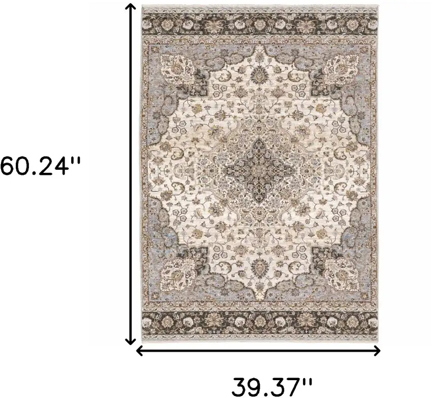 Ivory And Blue Oriental Power Loom Stain Resistant Area Rug With Fringe Photo 3