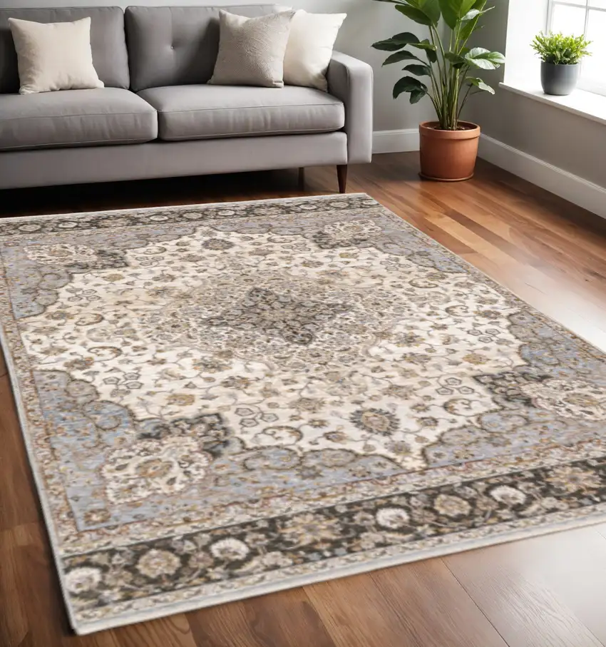 Ivory And Blue Oriental Power Loom Stain Resistant Area Rug With Fringe Photo 1