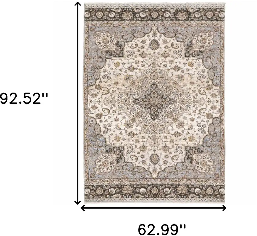 Ivory And Blue Oriental Power Loom Stain Resistant Area Rug With Fringe Photo 3