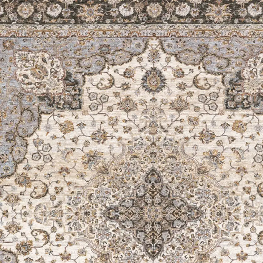 Ivory And Blue Oriental Power Loom Stain Resistant Area Rug With Fringe Photo 4