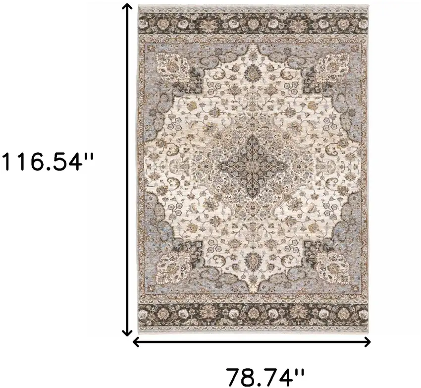 Ivory and Blue Oriental Power Loom Area Rug With Fringe Photo 3