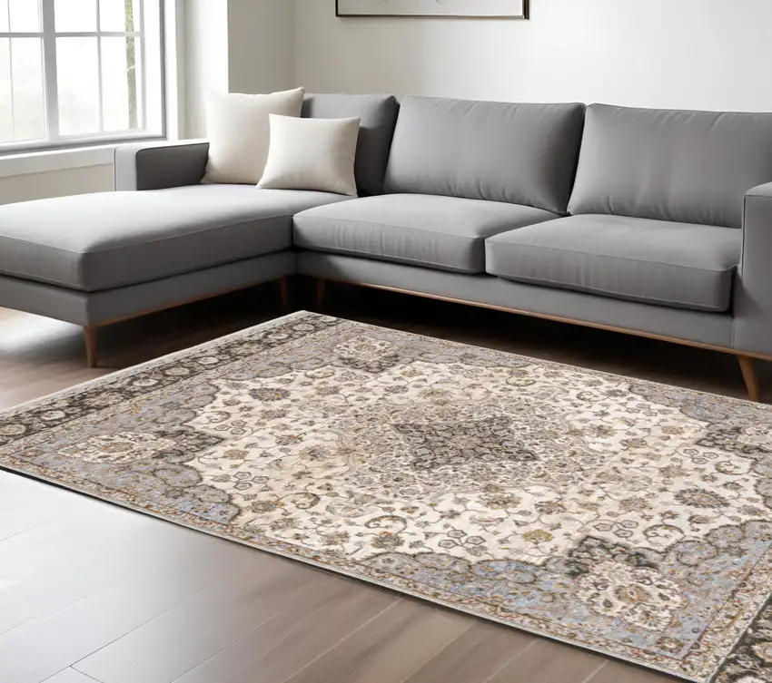 Ivory and Blue Oriental Power Loom Area Rug With Fringe Photo 1