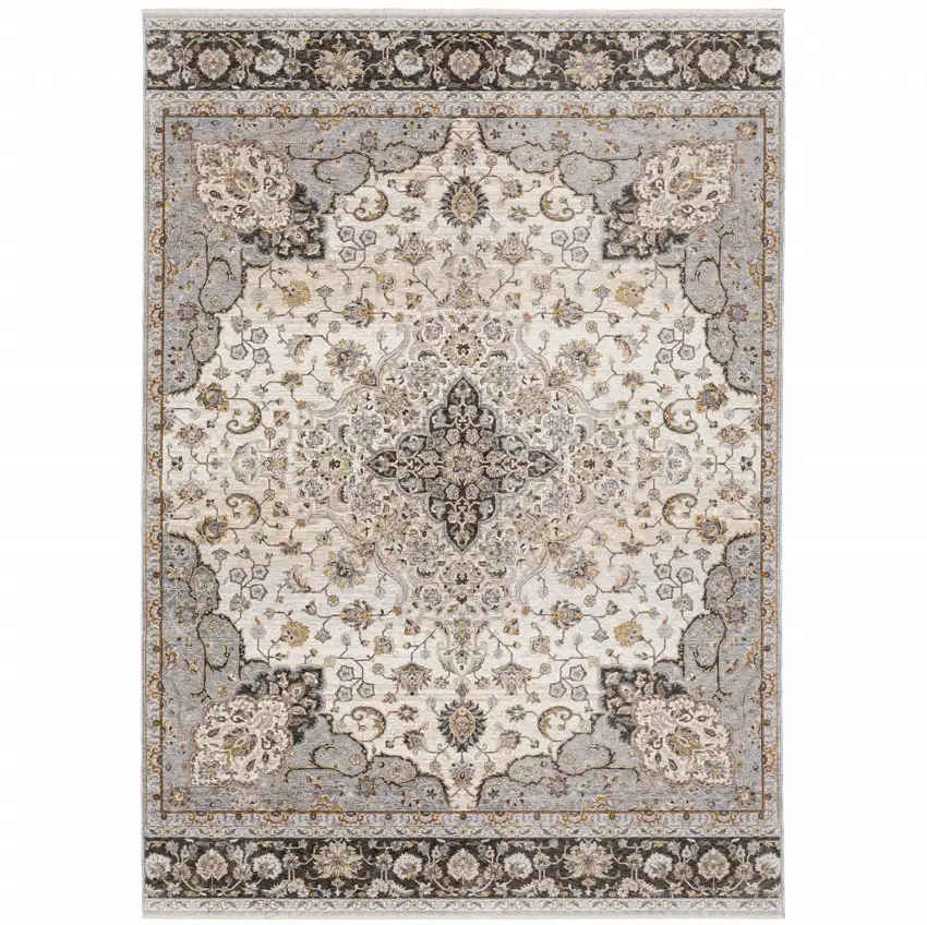 Ivory And Blue Oriental Power Loom Stain Resistant Area Rug With Fringe Photo 1