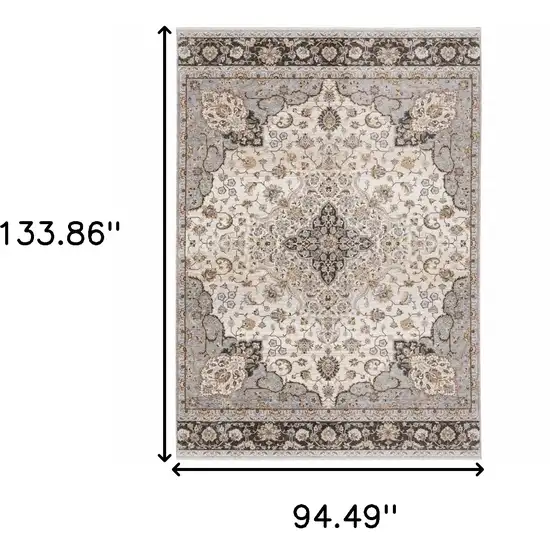 Ivory and Blue Oriental Power Loom Area Rug With Fringe Photo 3