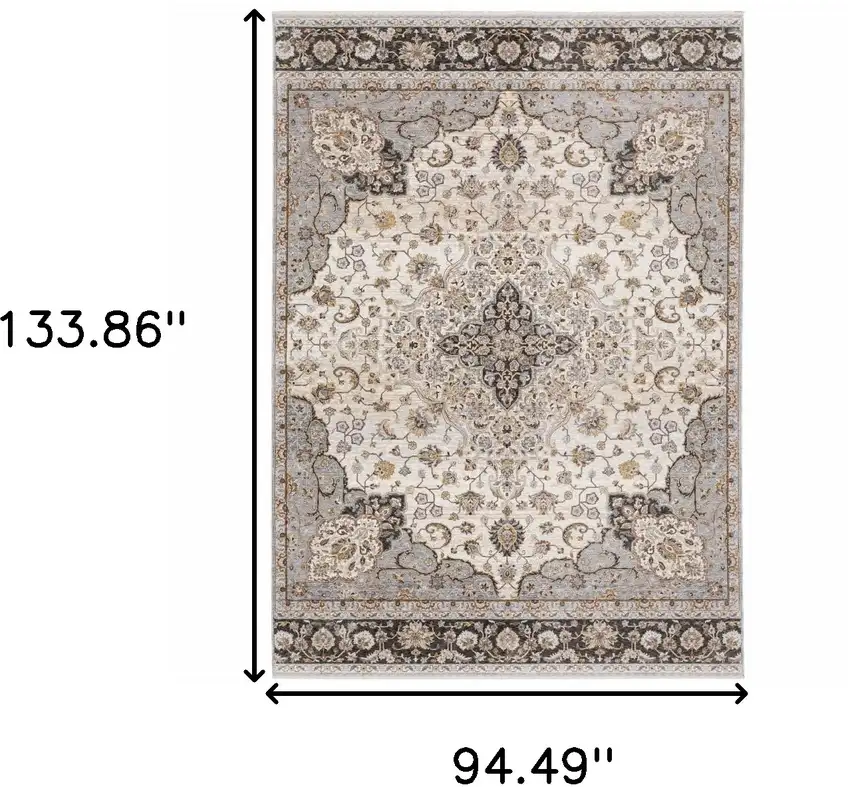 Ivory and Blue Oriental Power Loom Area Rug With Fringe Photo 3