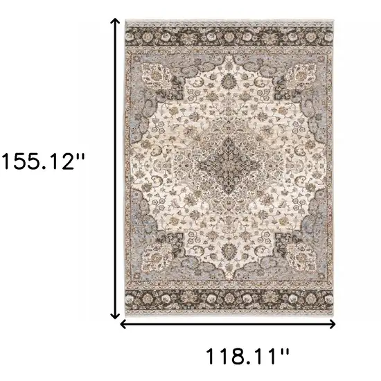 Ivory And Blue Oriental Power Loom Stain Resistant Area Rug With Fringe Photo 3