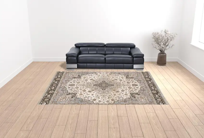 Ivory And Blue Oriental Power Loom Stain Resistant Area Rug With Fringe Photo 2
