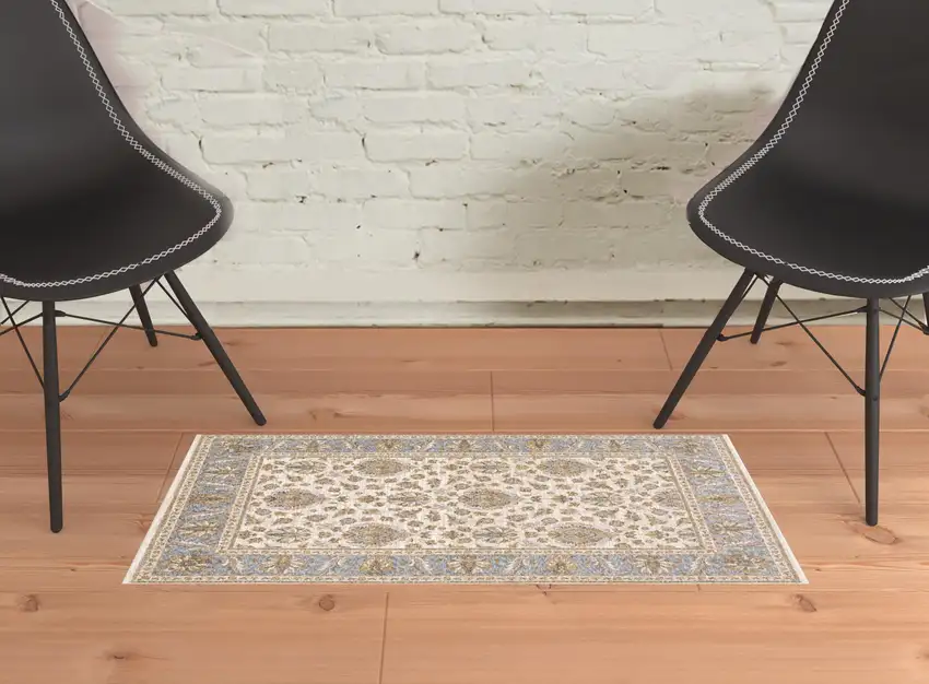 Ivory And Blue Oriental Power Loom Stain Resistant Area Rug With Fringe Photo 2