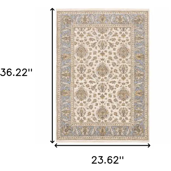 Ivory And Blue Oriental Power Loom Stain Resistant Area Rug With Fringe Photo 3