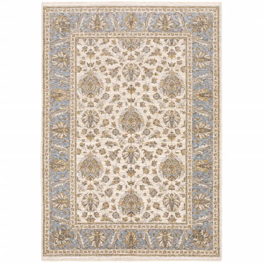 Ivory And Blue Oriental Power Loom Stain Resistant Area Rug With Fringe Photo 1