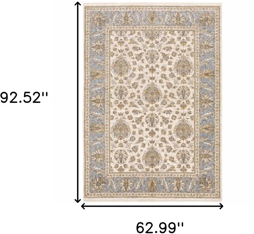 Ivory And Blue Oriental Power Loom Stain Resistant Area Rug With Fringe Photo 3