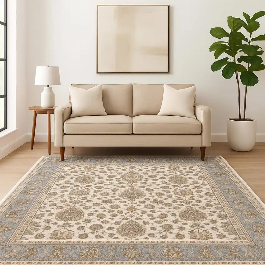 Ivory And Blue Oriental Power Loom Stain Resistant Area Rug With Fringe Photo 1