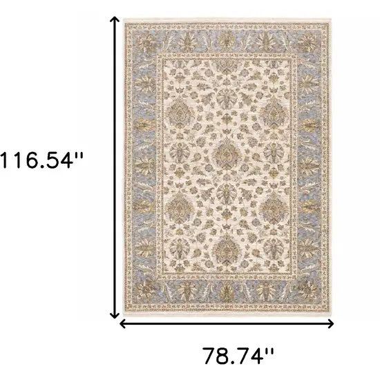 6' X 9' Ivory And Blue Oriental Power Loom Stain Resistant Area Rug With Fringe Photo 3