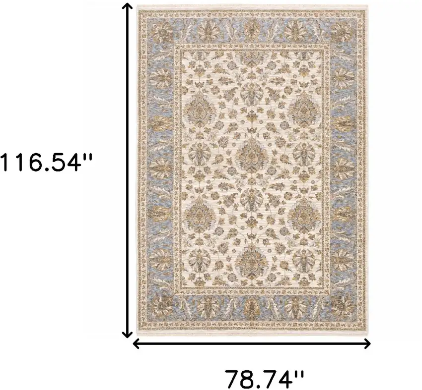 6' X 9' Ivory And Blue Oriental Power Loom Stain Resistant Area Rug With Fringe Photo 3