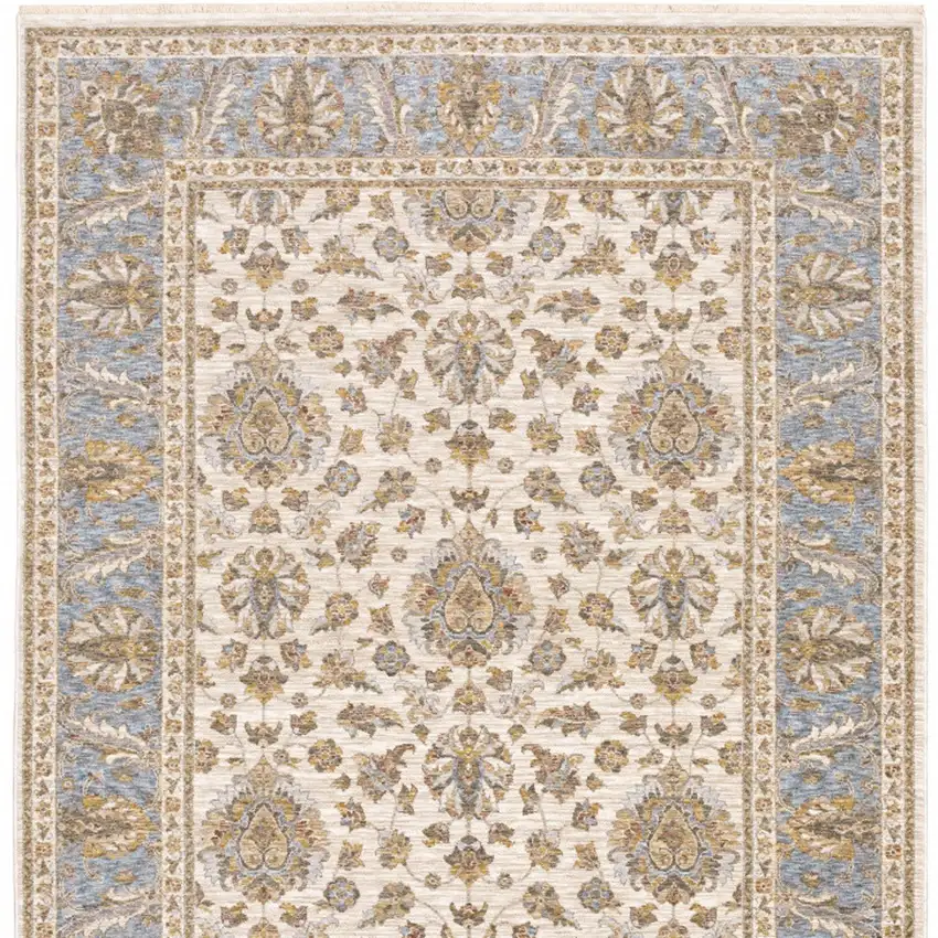 Ivory And Blue Oriental Power Loom Stain Resistant Area Rug With Fringe Photo 6