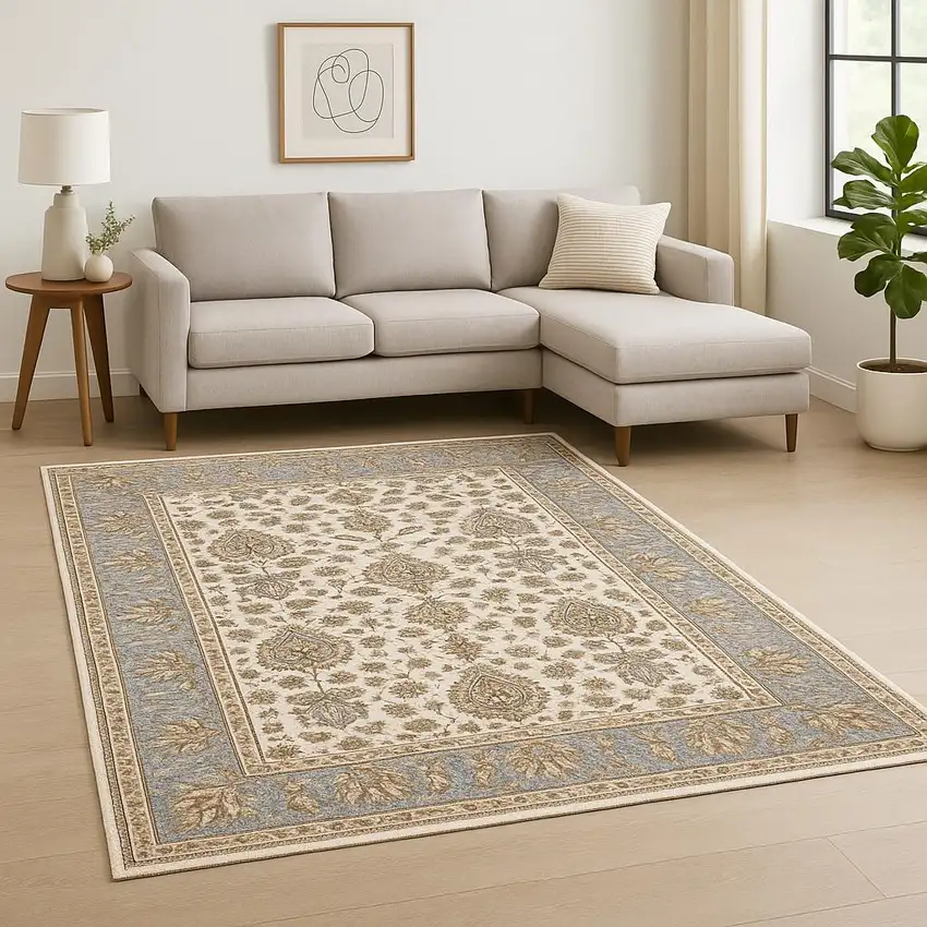 Ivory And Blue Oriental Power Loom Stain Resistant Area Rug With Fringe Photo 1