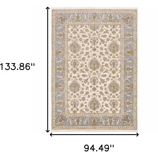 Ivory And Blue Oriental Power Loom Stain Resistant Area Rug With Fringe Photo 3