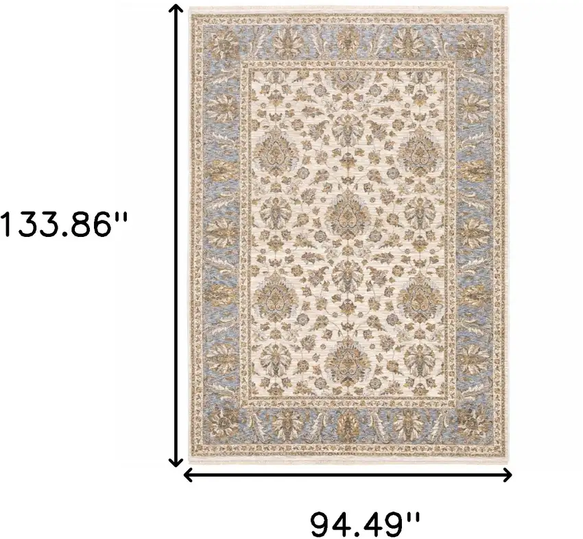 Ivory And Blue Oriental Power Loom Stain Resistant Area Rug With Fringe Photo 3