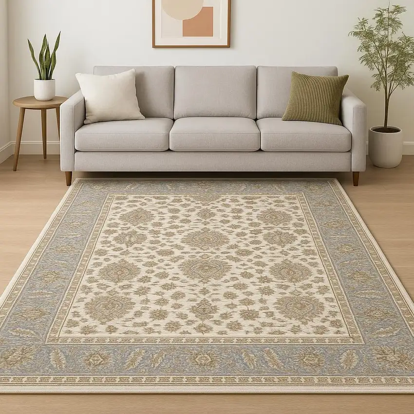 Ivory And Blue Oriental Power Loom Stain Resistant Area Rug With Fringe Photo 1