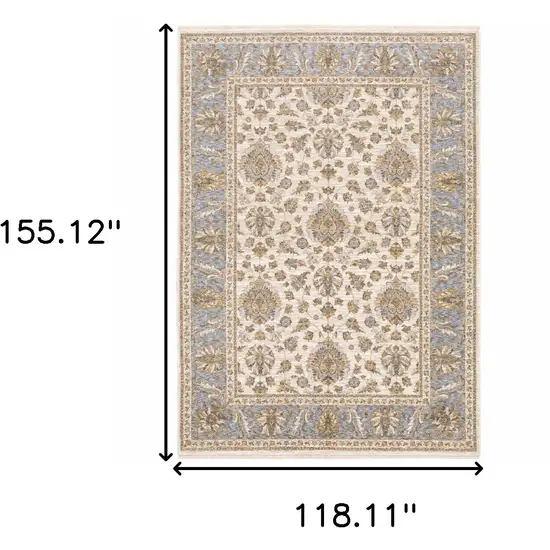 Ivory And Blue Oriental Power Loom Stain Resistant Area Rug With Fringe Photo 3