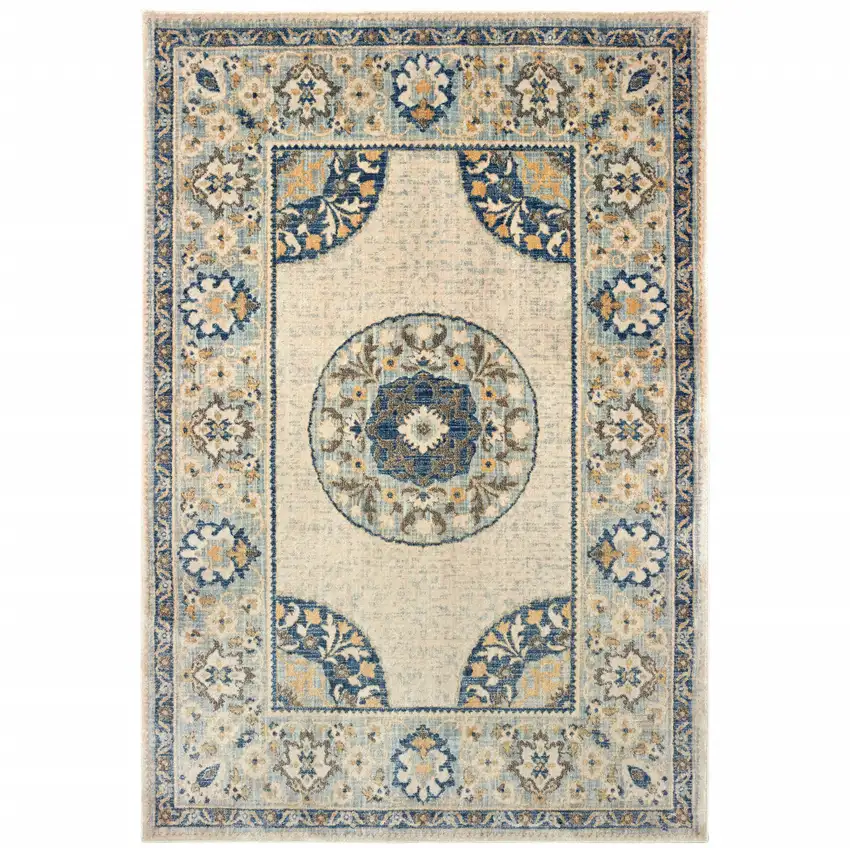 Ivory And Blue Oriental Power Loom Stain Resistant Area Rug Photo 1
