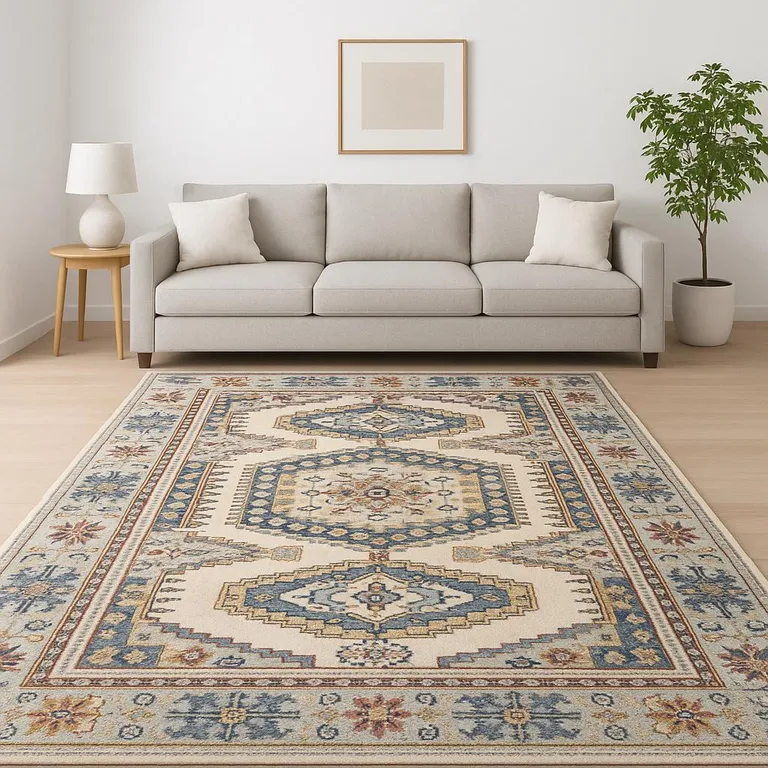 Ivory And Blue Oriental Power Loom Stain Resistant Area Rug Photo 5
