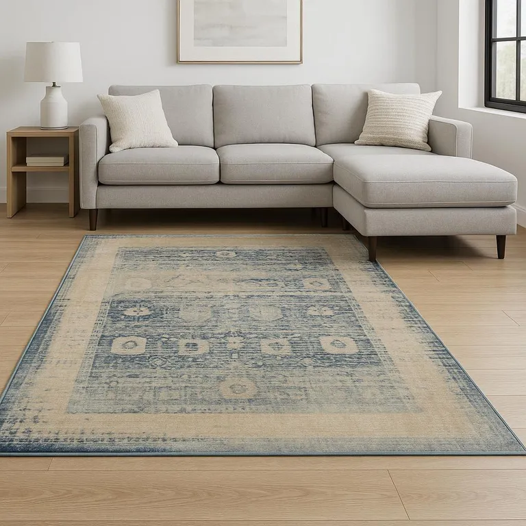 Ivory And Blue Oriental Power Loom Stain Resistant Area Rug Photo 5