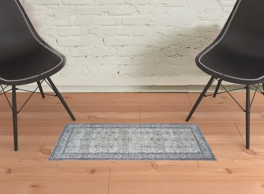 Ivory And Blue Oriental Power Loom Stain Resistant Area Rug Photo 2