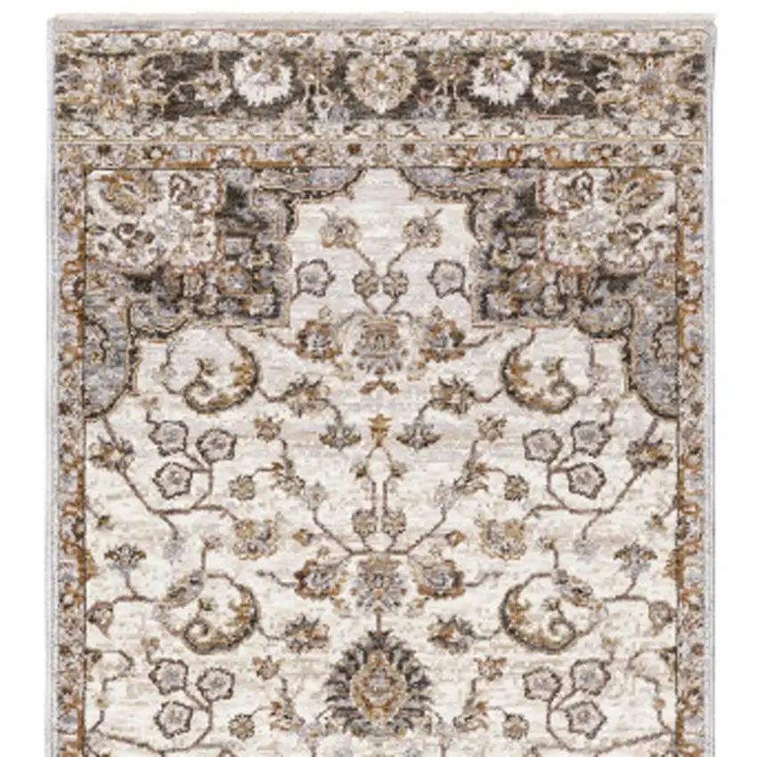 2' X 8' Ivory And Blue Oriental Power Loom Stain Resistant Runner Rug With Fringe Photo 5