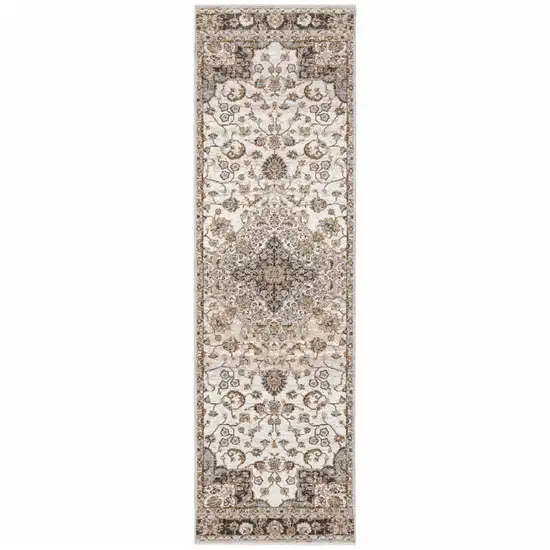 2' X 8' Ivory And Blue Oriental Power Loom Stain Resistant Runner Rug With Fringe Photo 2