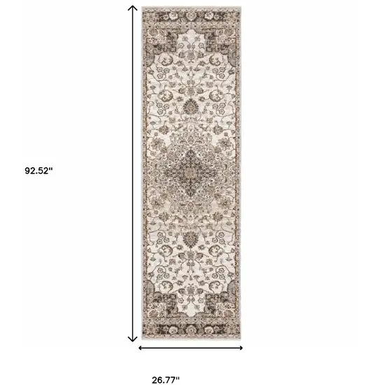 2' X 8' Ivory And Blue Oriental Power Loom Stain Resistant Runner Rug With Fringe Photo 3