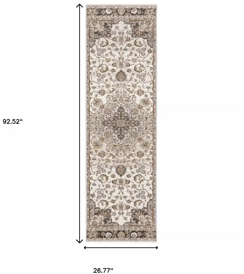 2' X 8' Ivory And Blue Oriental Power Loom Stain Resistant Runner Rug With Fringe Photo 3
