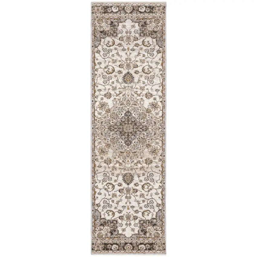 Ivory And Blue Oriental Power Loom Stain Resistant Runner Rug With Fringe Photo 1