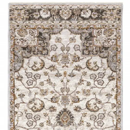 2' X 8' Ivory And Blue Oriental Power Loom Stain Resistant Runner Rug With Fringe Photo 6