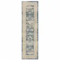 Photo of Ivory And Blue Oriental Power Loom Stain Resistant Runner Rug