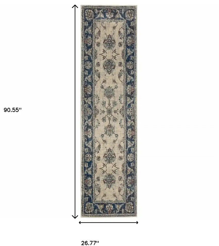 Ivory And Blue Oriental Power Loom Stain Resistant Runner Rug Photo 4