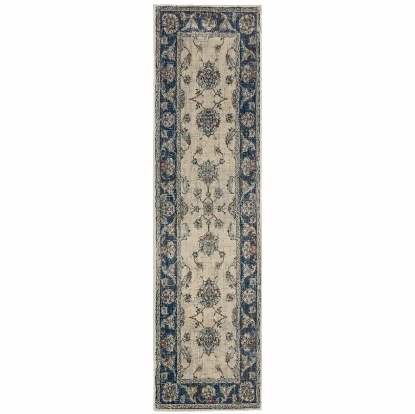 Ivory And Blue Oriental Power Loom Stain Resistant Runner Rug Photo 1