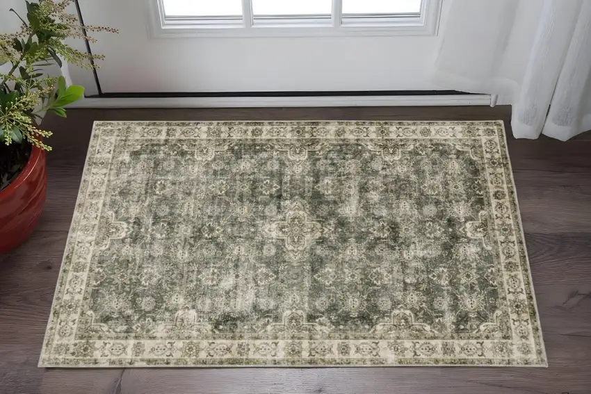 Ivory And Blue Oriental Printed Stain Resistant Non Skid Area Rug Photo 1